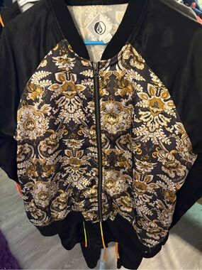 Volcom Black Bomber Jacket with Gold & Cream Baroque Print